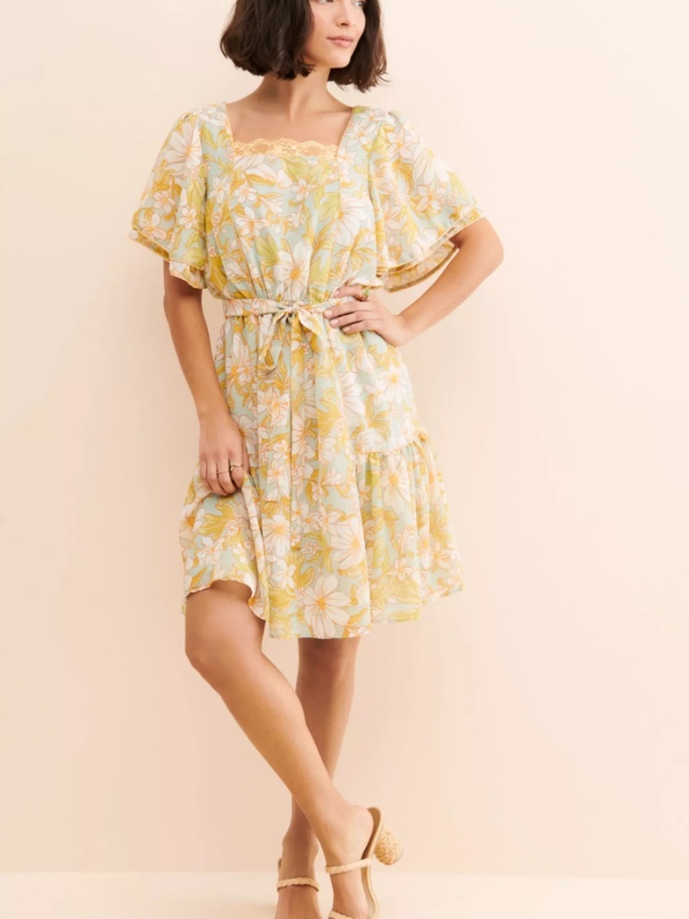 Rachel Parcell Anthropologie Chiffon Floral Tiered Dress Flutter Sleeve Size M
